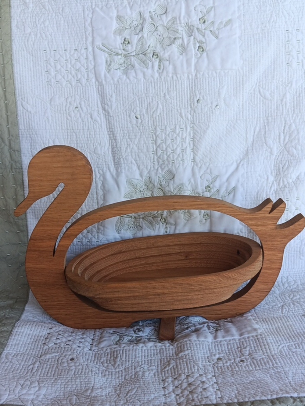 Vintage 90's John Keim Spiral Collapsible Wooden Swan Basket. 15"L X 11"T X 6"W